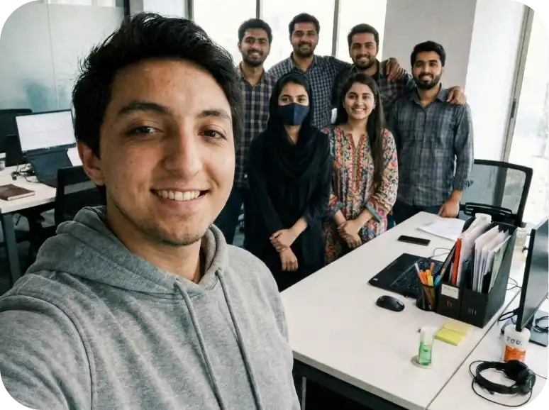 The GetConvera in-house design and development team collaborating at their office workstations.